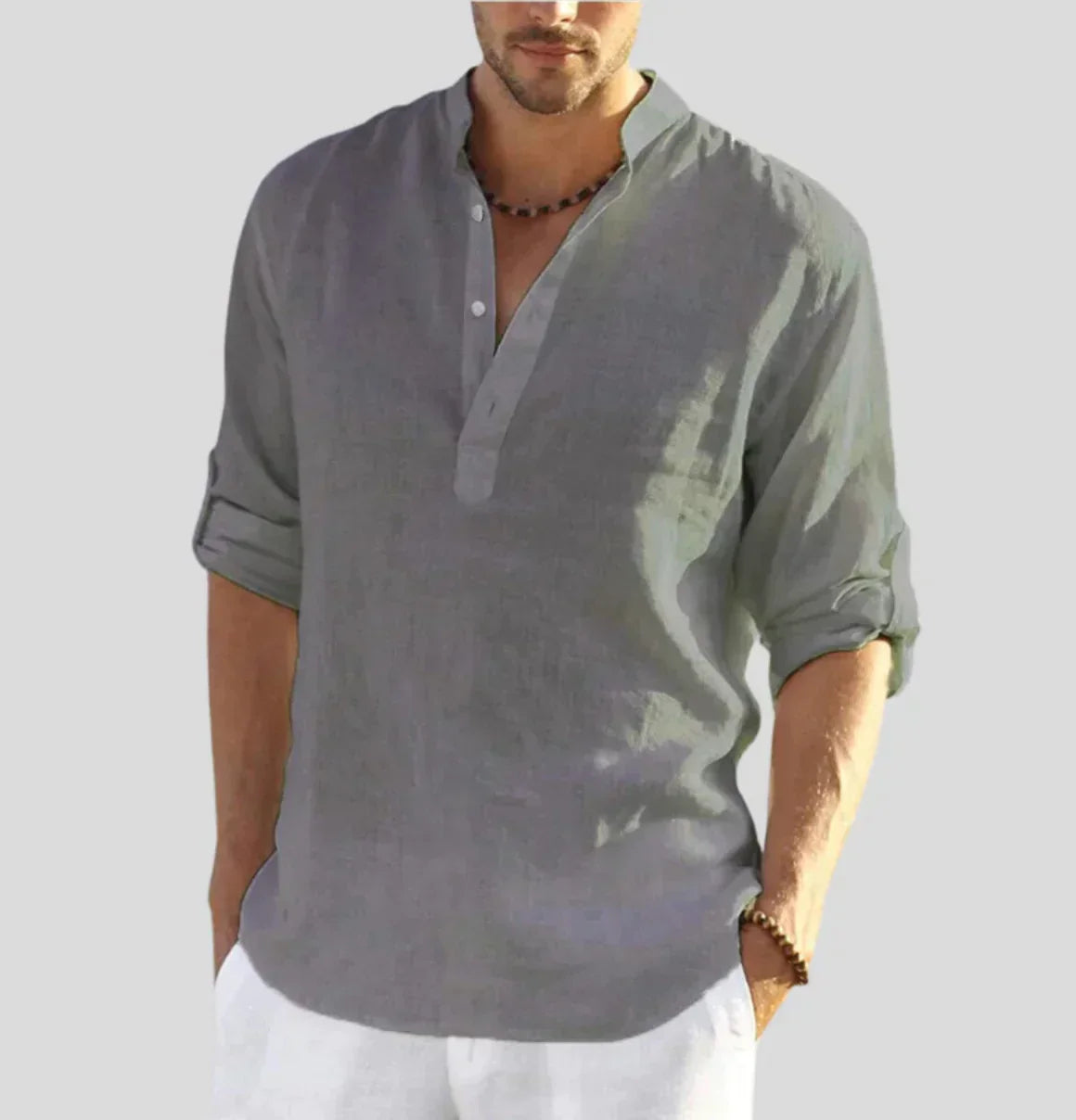 Homme Chemise Manches Longues avec Col Mao et Boutons