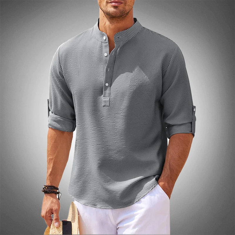 Homme Chemise Manches Longues avec Col Mao et Boutons
