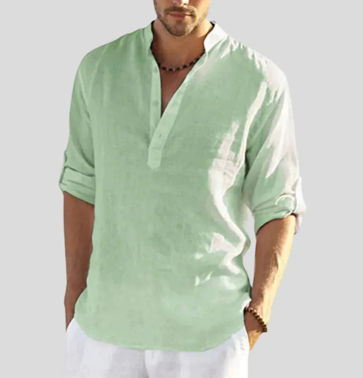 Homme Chemise Manches Longues avec Col Mao et Boutons