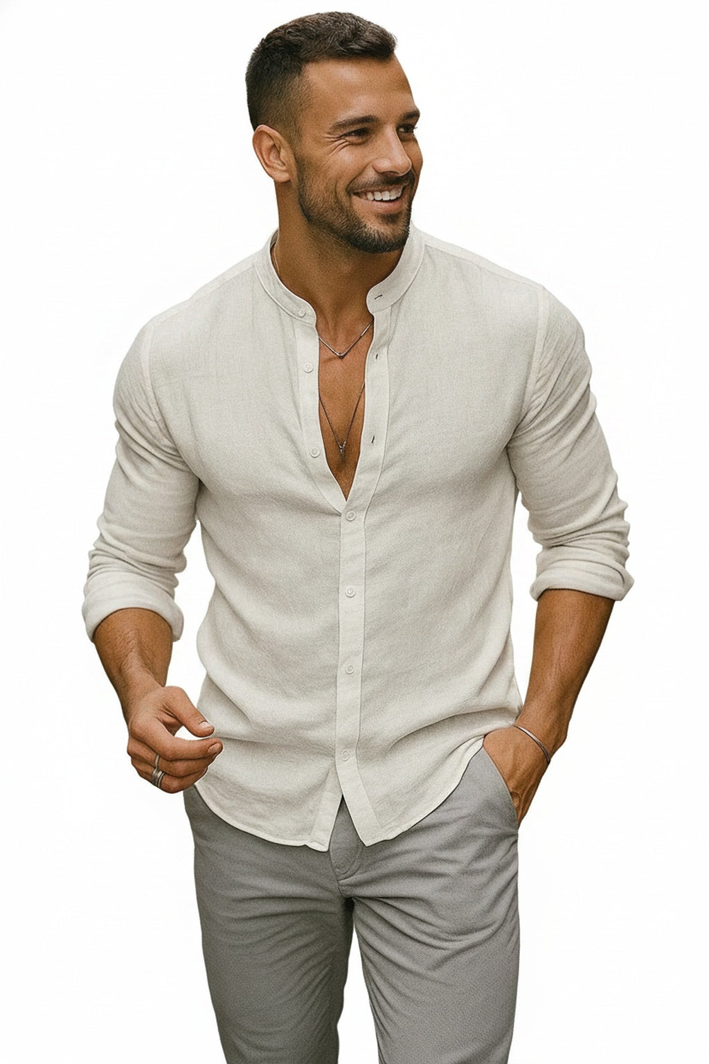 Homme Chemise Manches Longues col Mao à Boutons Coupe Regular