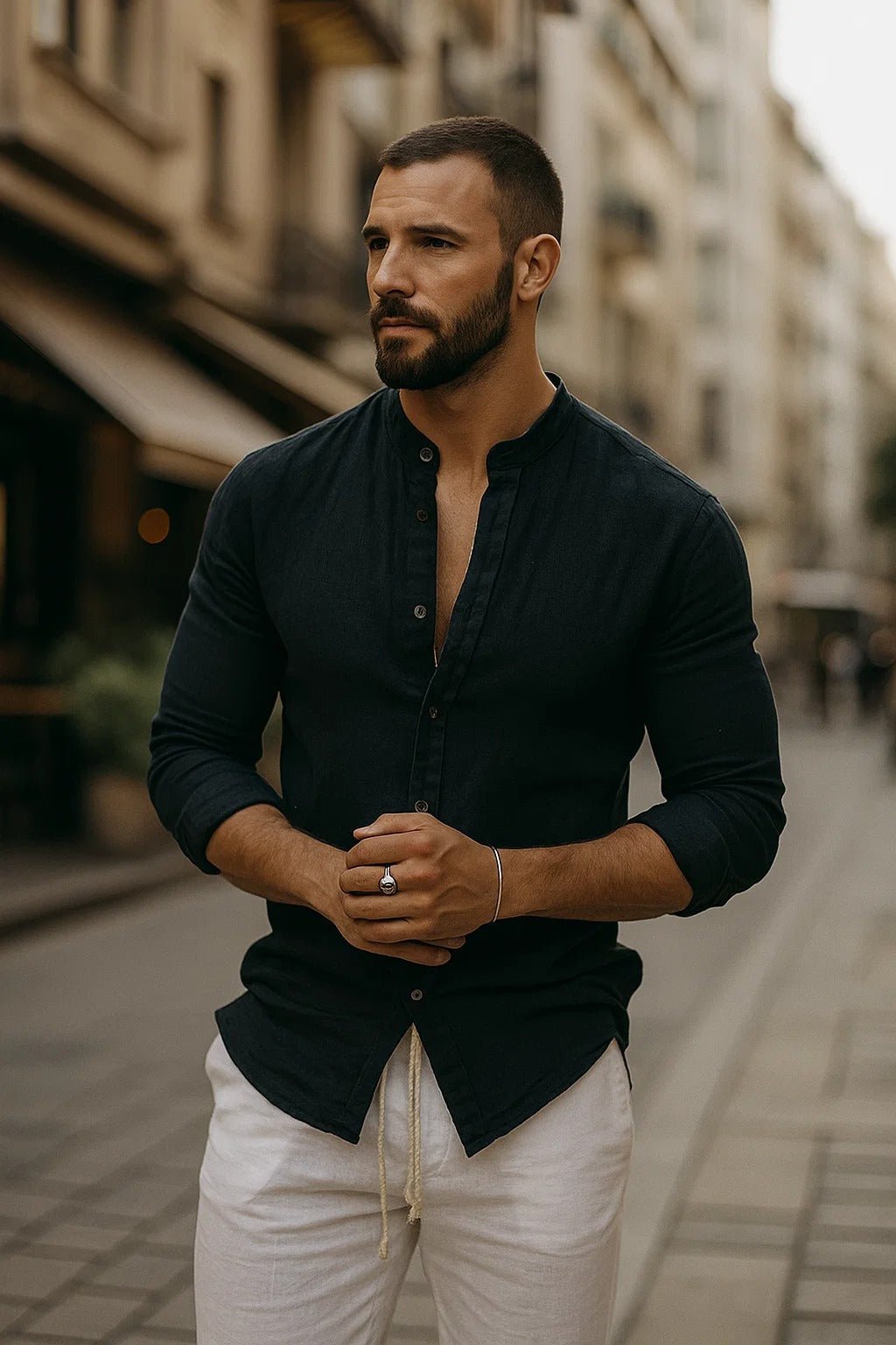 Homme Chemise Manches Longues col Mao à Boutons Coupe Regular