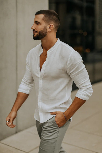 Homme Chemise Manches Longues col Mao à Boutons Coupe Regular