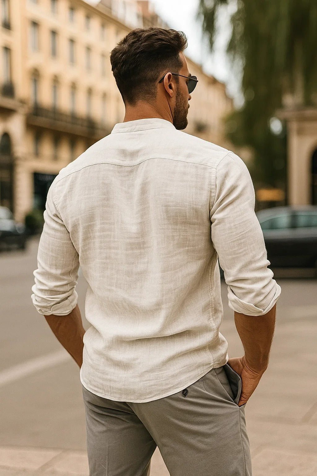 Homme Chemise Manches Longues col Mao à Boutons Coupe Regular