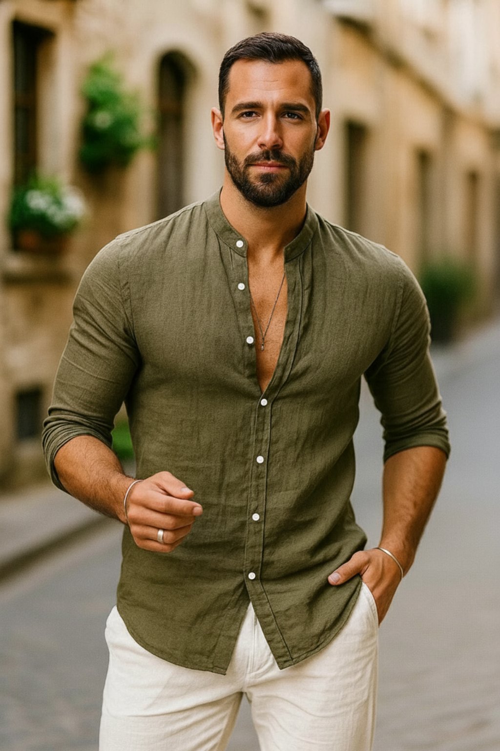 Homme Chemise Manches Longues col Mao à Boutons Coupe Regular