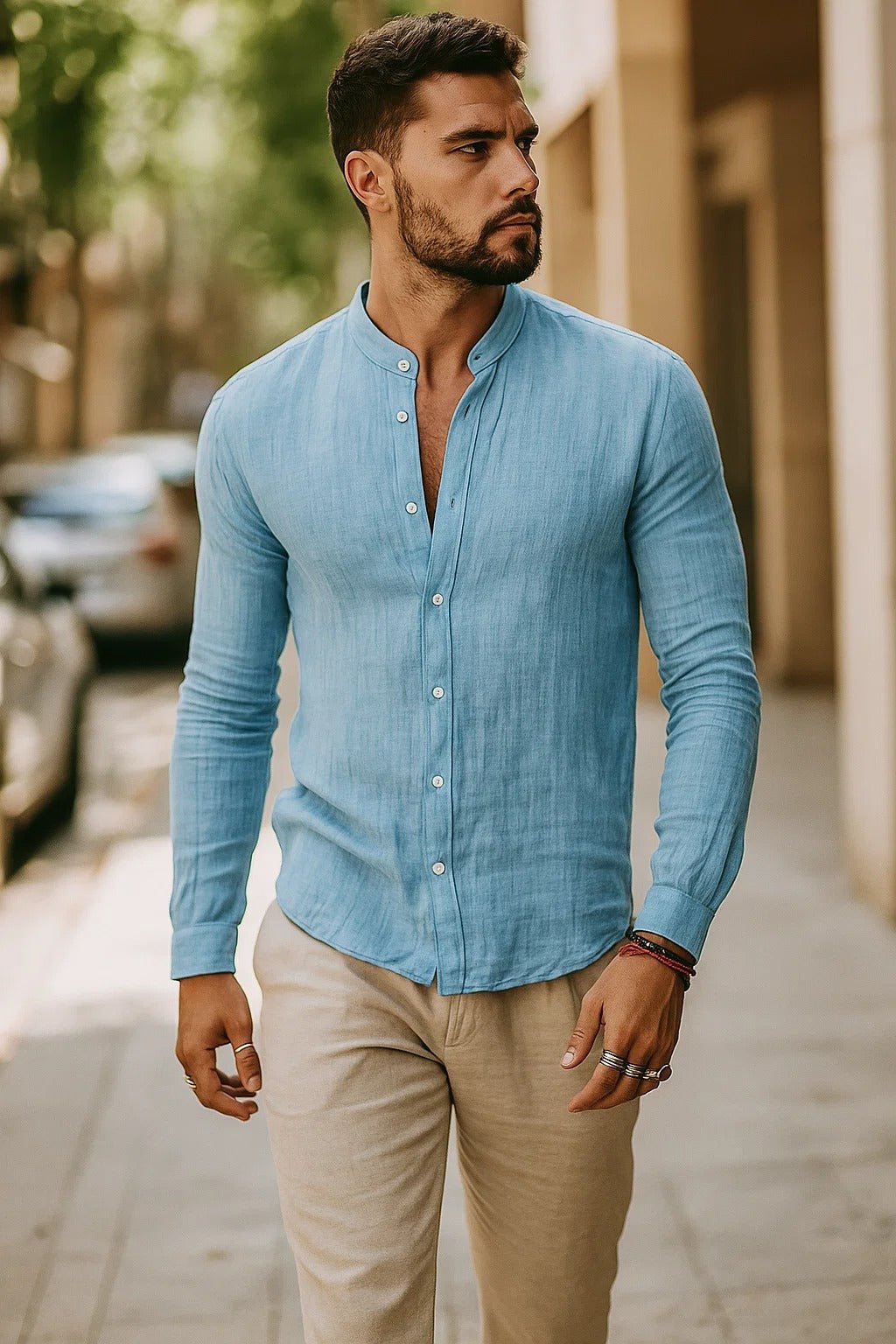 Homme Chemise Manches Longues col Mao à Boutons Coupe Regular