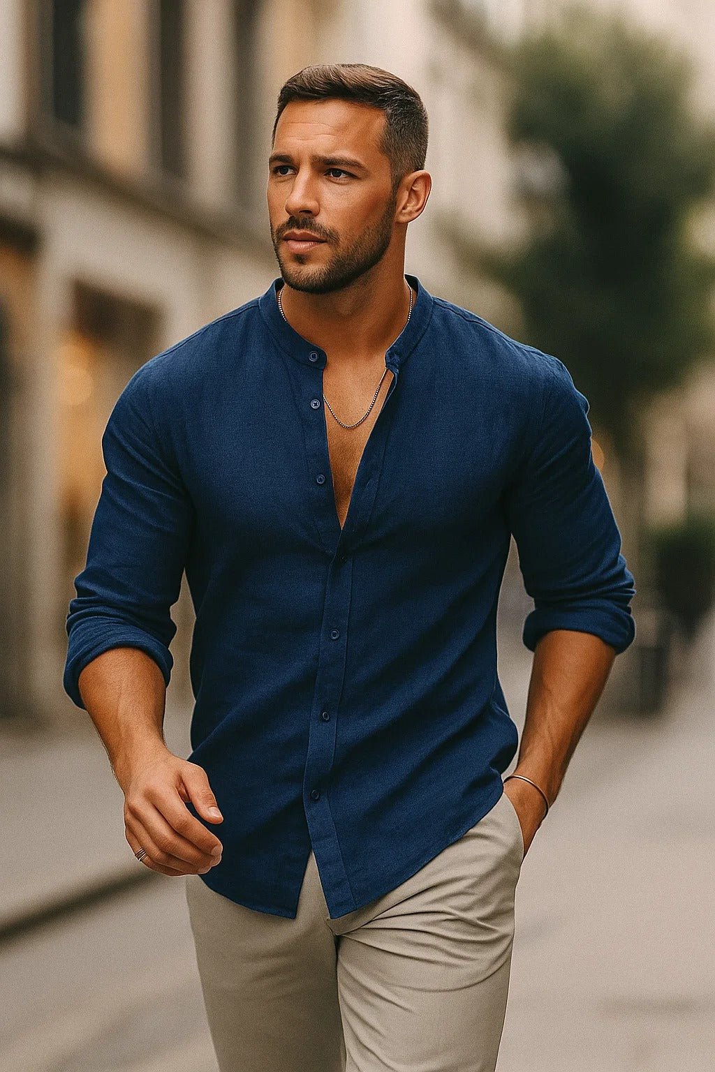 Homme Chemise Manches Longues col Mao à Boutons Coupe Regular