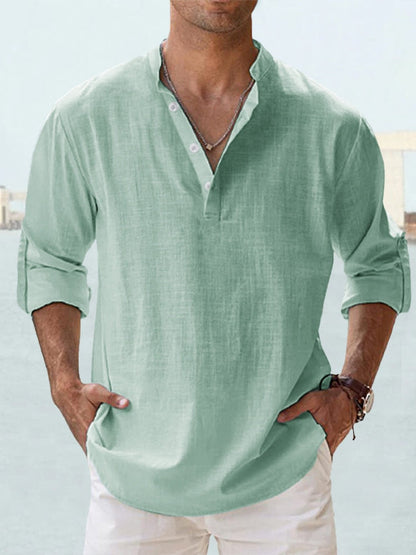 Homme Chemise Manches Longues col Mao avec Boutonnage Henley Regular Fit