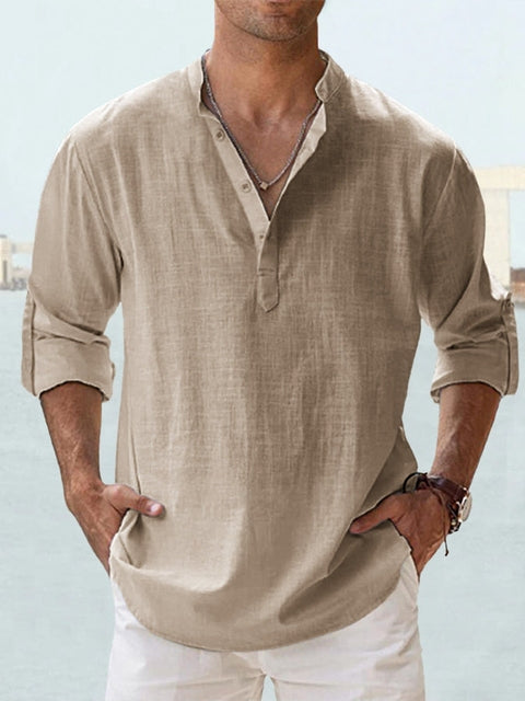 Homme Chemise Manches Longues col Mao avec Boutonnage Henley Regular Fit