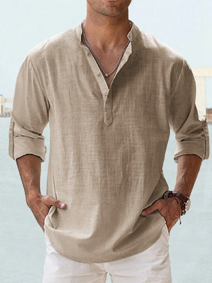 Homme Chemise Manches Longues col Mao avec Boutonnage Henley Regular Fit