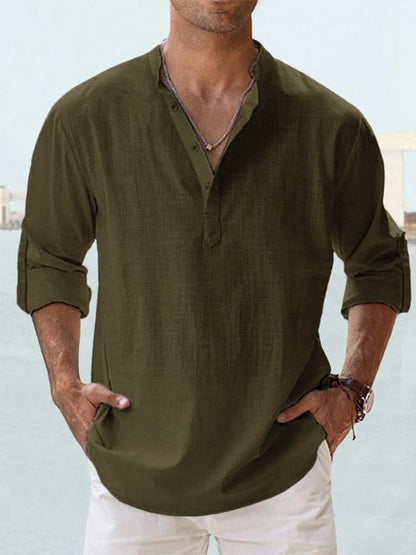 Homme Chemise Manches Longues col Mao avec Boutonnage Henley Regular Fit