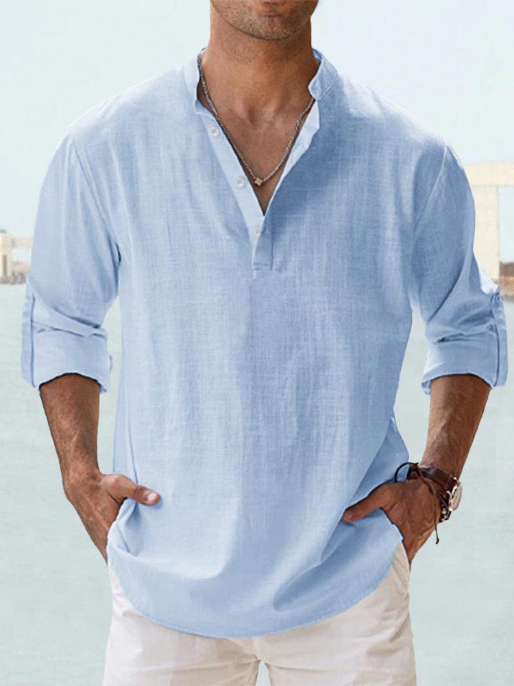 Homme Chemise Manches Longues col Mao avec Boutonnage Henley Regular Fit