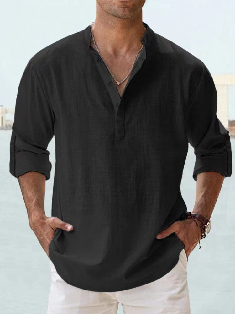 Homme Chemise Manches Longues col Mao avec Boutonnage Henley Regular Fit