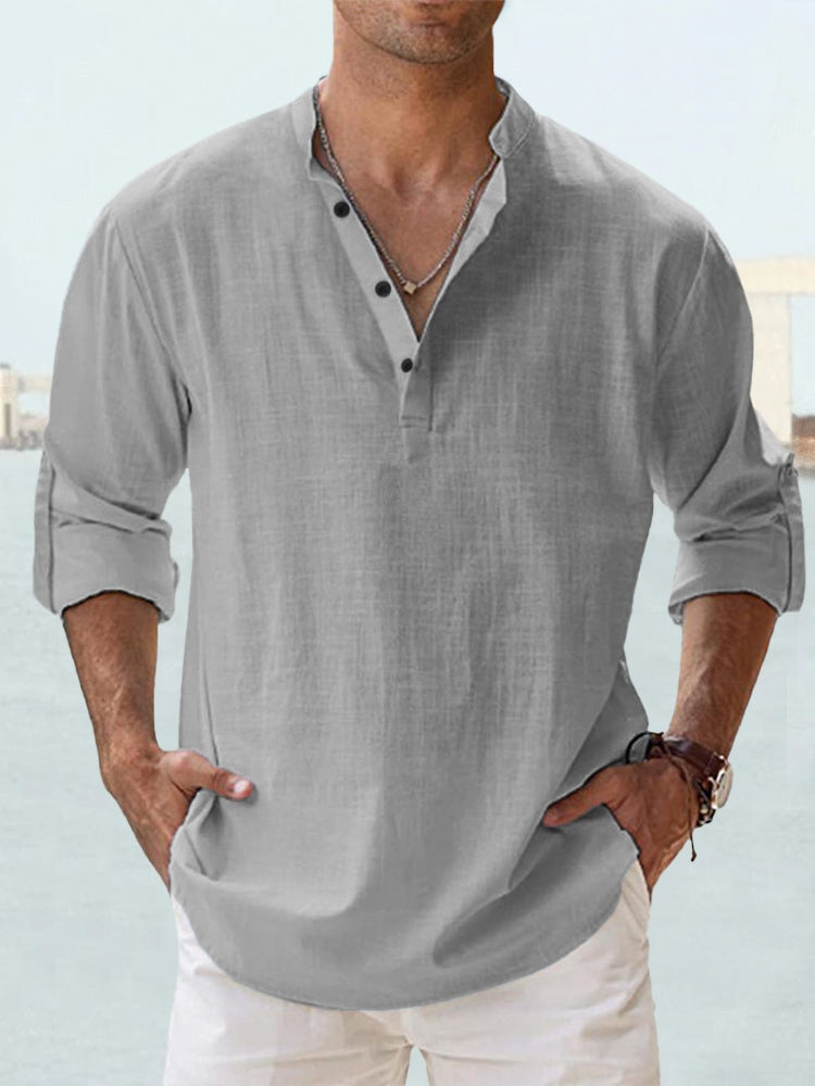 Homme Chemise Manches Longues col Mao avec Boutonnage Henley Regular Fit