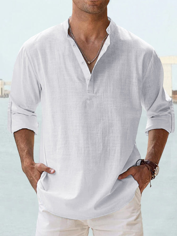 Homme Chemise Manches Longues col Mao avec Boutonnage Henley Regular Fit