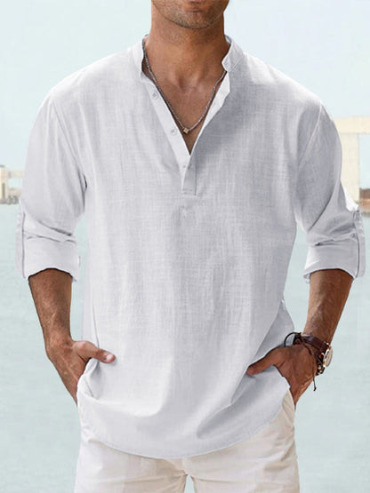 Homme Chemise Manches Longues col Mao avec Boutonnage Henley Regular Fit