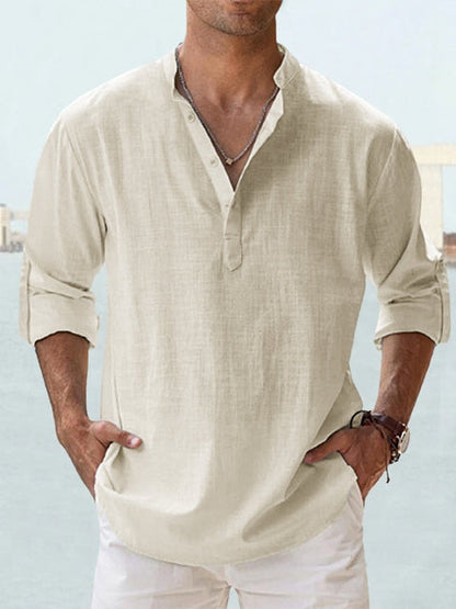 Homme Chemise Manches Longues col Mao avec Boutonnage Henley Regular Fit