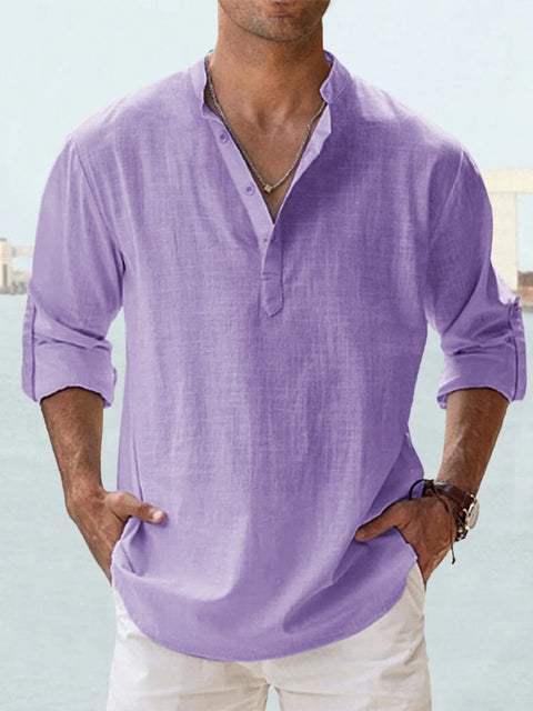 Homme Chemise Manches Longues col Mao avec Boutonnage Henley Regular Fit