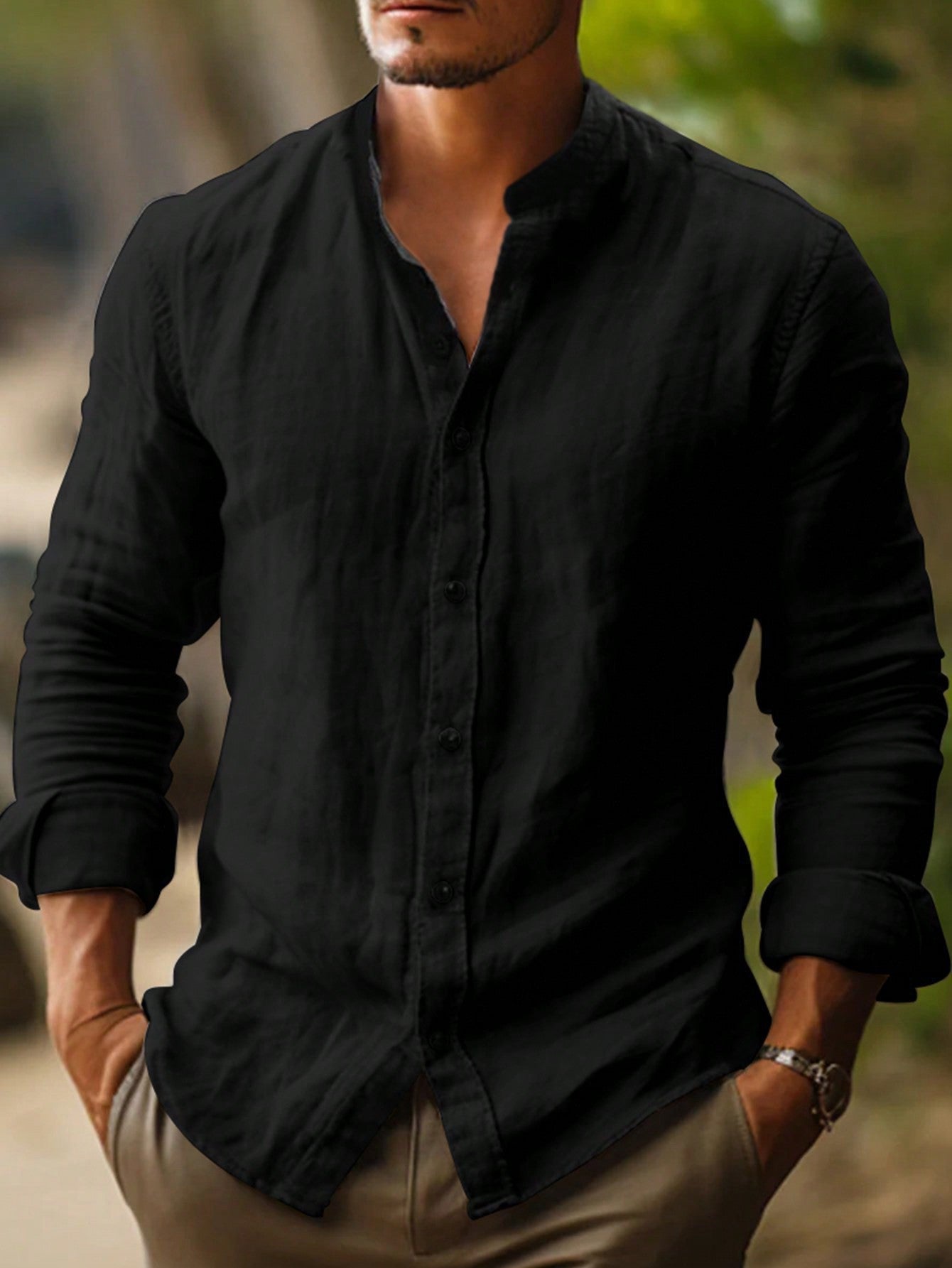 Homme Chemise Manches Longues col Mao avec Boutons Regular Fit