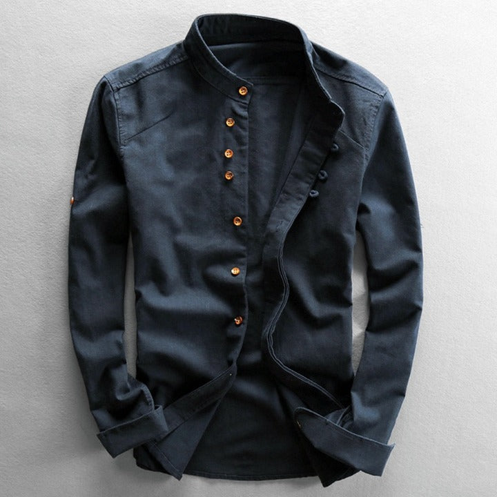 Homme Chemise Manches Longues col Mao et Boutonnage Asymétrique