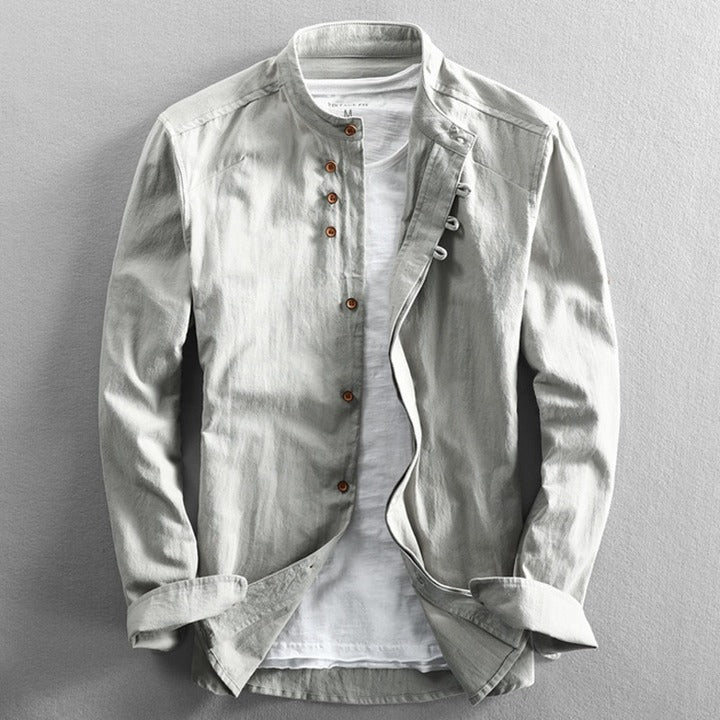 Homme Chemise Manches Longues col Mao et Boutonnage Asymétrique