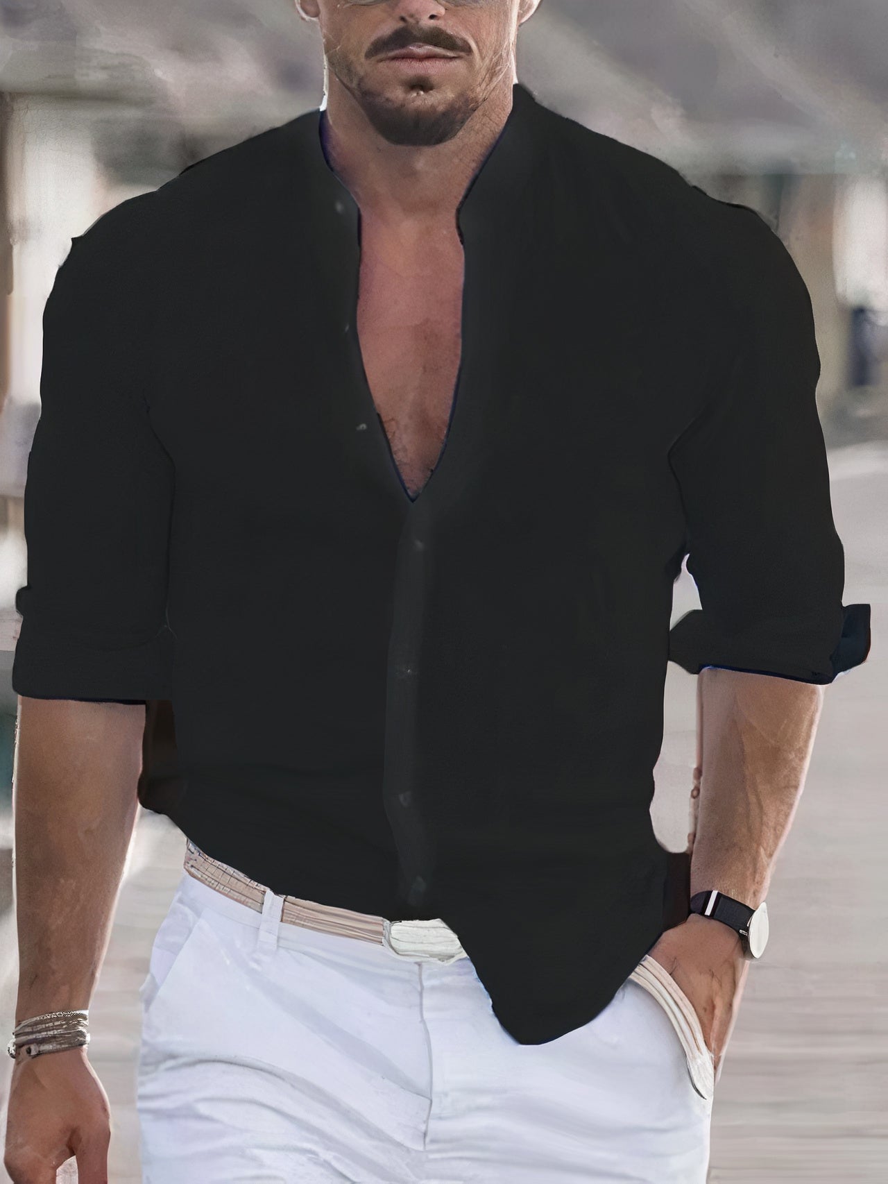 Homme Chemise Manches Longues col Mao Regular Fit
