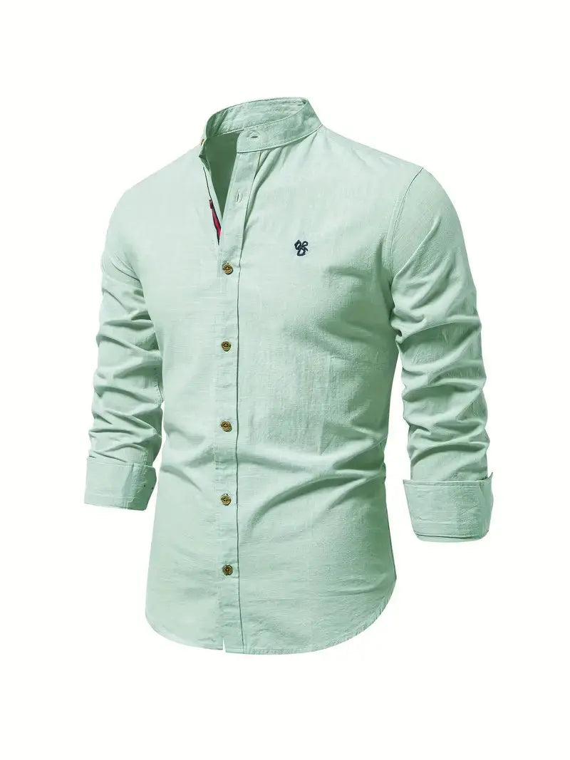 Homme Chemise Manches Longues col Mao Slim Fit avec Broderie