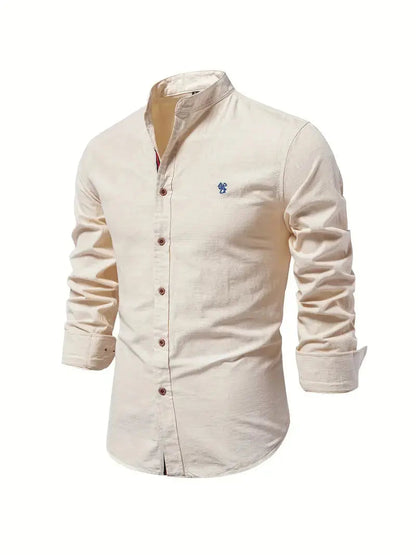 Homme Chemise Manches Longues col Mao Slim Fit avec Broderie