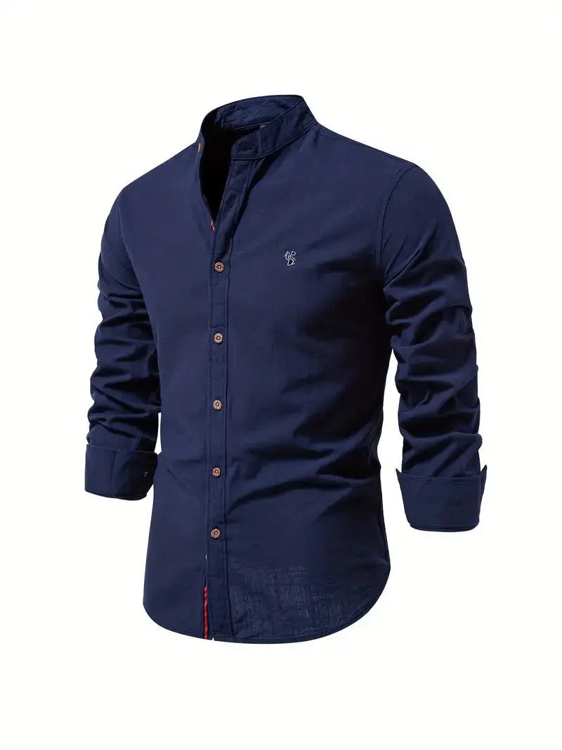 Homme Chemise Manches Longues col Mao Slim Fit avec Broderie