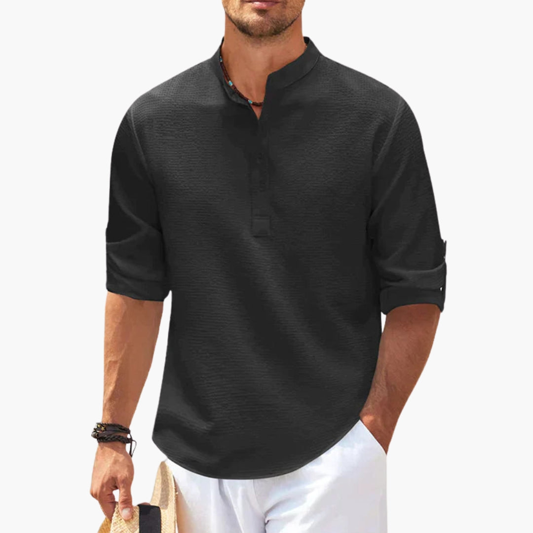 Homme Chemise Manches Longues col Montant avec Patte de Boutonnage