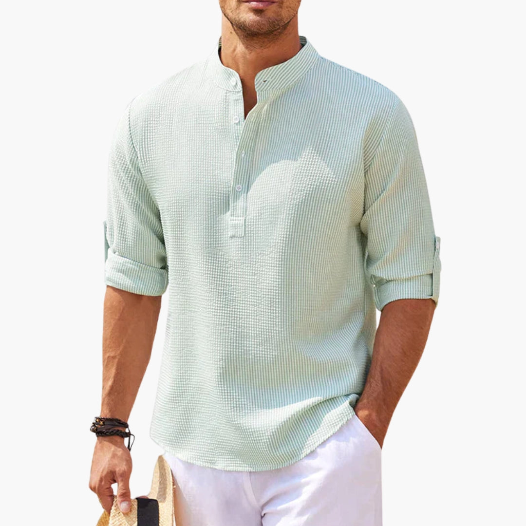 Homme Chemise Manches Longues col Montant avec Patte de Boutonnage