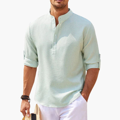 Homme Chemise Manches Longues col Montant avec Patte de Boutonnage