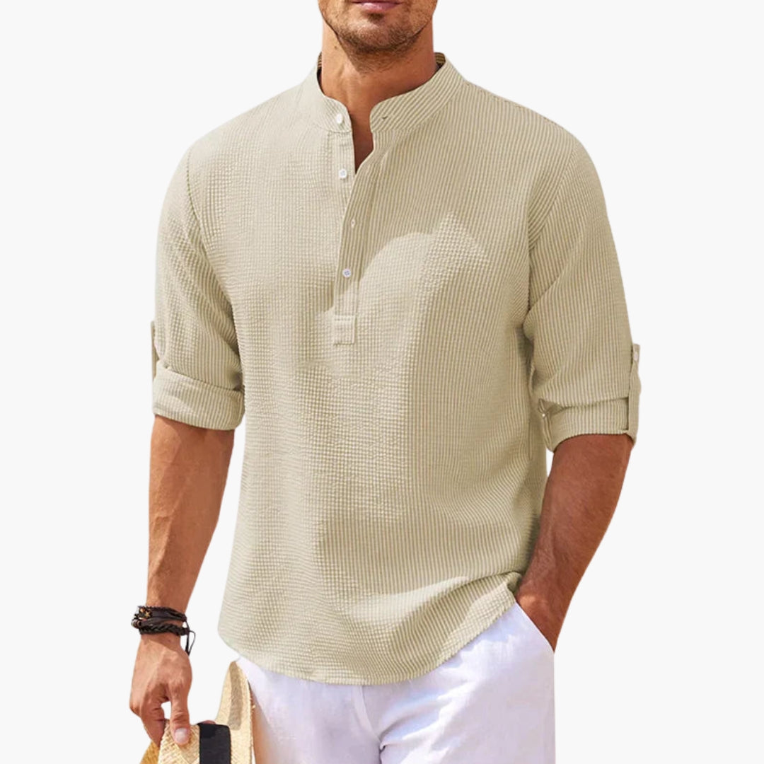 Homme Chemise Manches Longues col Montant avec Patte de Boutonnage