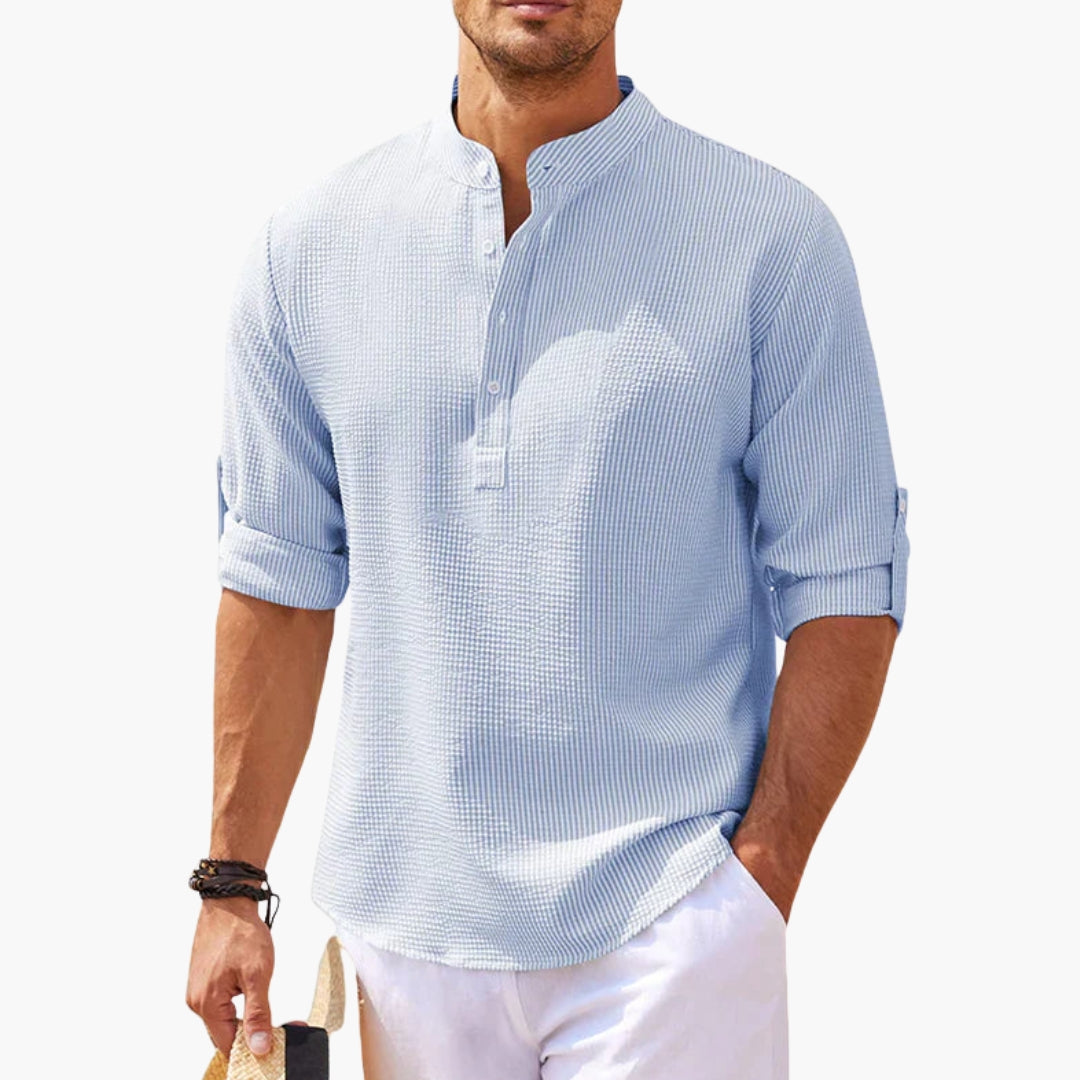 Homme Chemise Manches Longues col Montant avec Patte de Boutonnage
