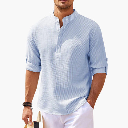 Homme Chemise Manches Longues col Montant avec Patte de Boutonnage