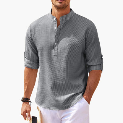 Homme Chemise Manches Longues col Montant avec Patte de Boutonnage