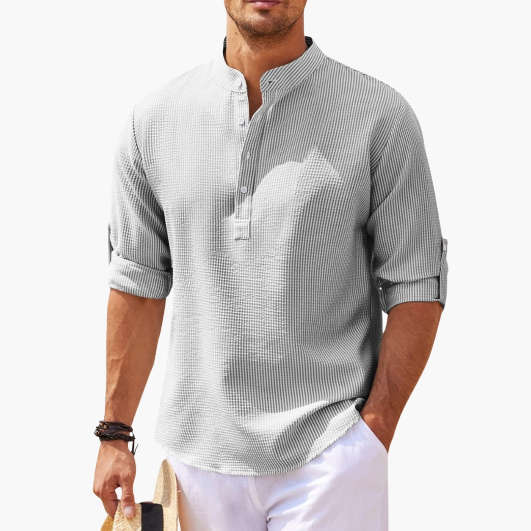 Homme Chemise Manches Longues col Montant avec Patte de Boutonnage