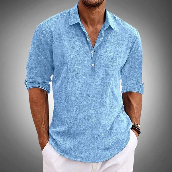 Homme Chemise Manches Longues Popover col Pointu Coupe Ample