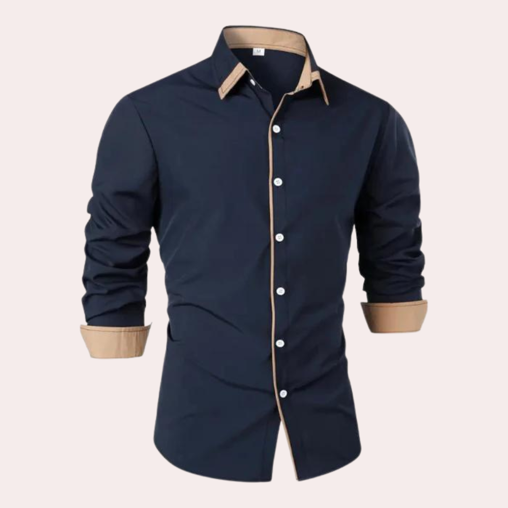 Homme Chemise Manches Longues Slim Fit avec Col Classique et Passepoil Contrasté