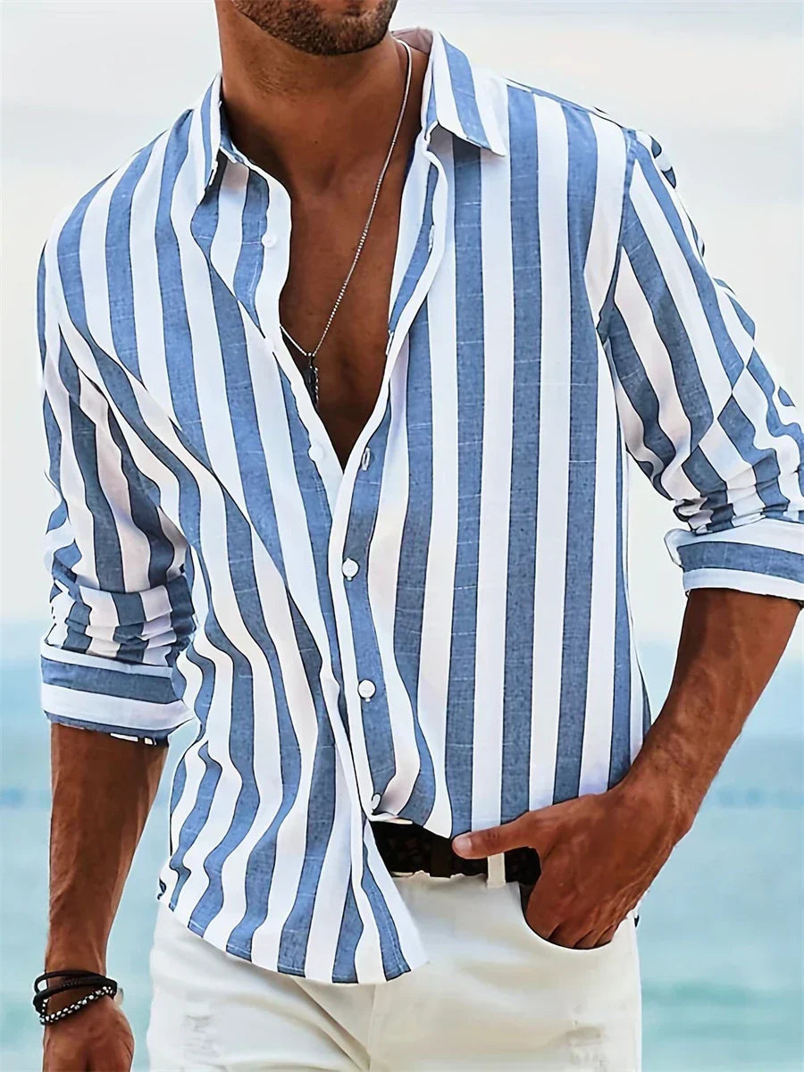 Homme Chemise Rayée à Manches Longues et Col Ouvert