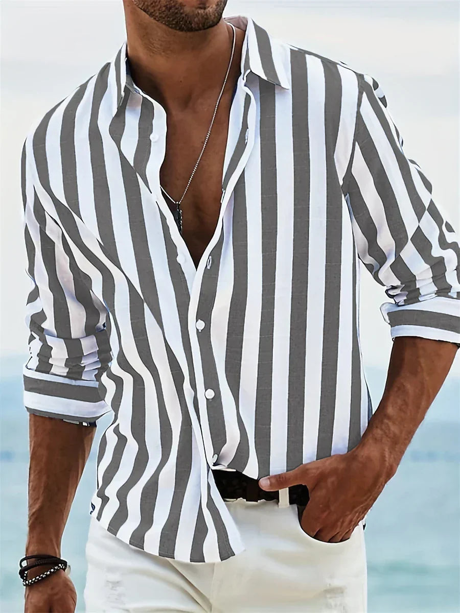 Homme Chemise Rayée à Manches Longues et Col Ouvert