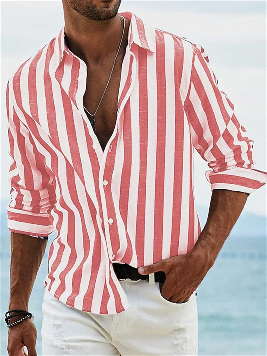 Homme Chemise Rayée à Manches Longues et Col Ouvert