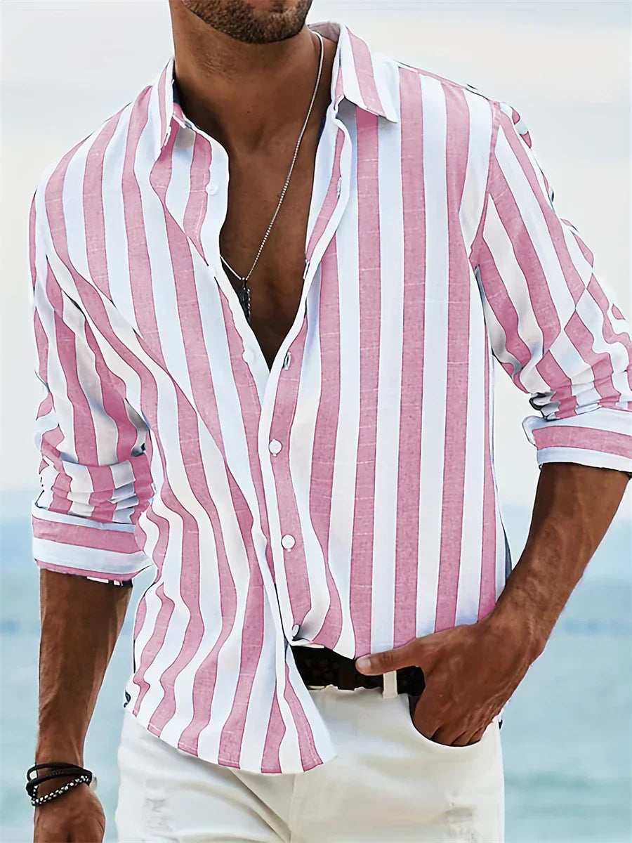 Homme Chemise Rayée à Manches Longues et Col Ouvert