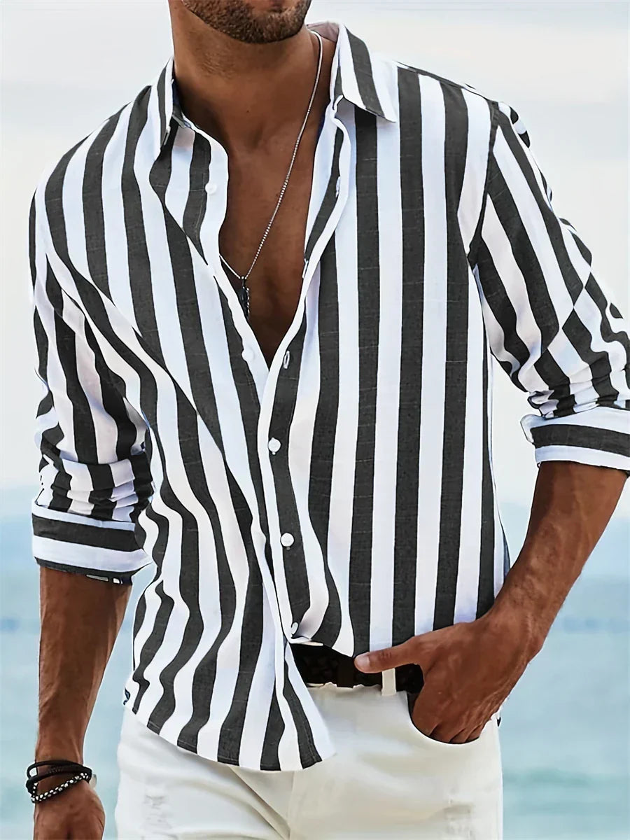 Homme Chemise Rayée à Manches Longues et Col Ouvert