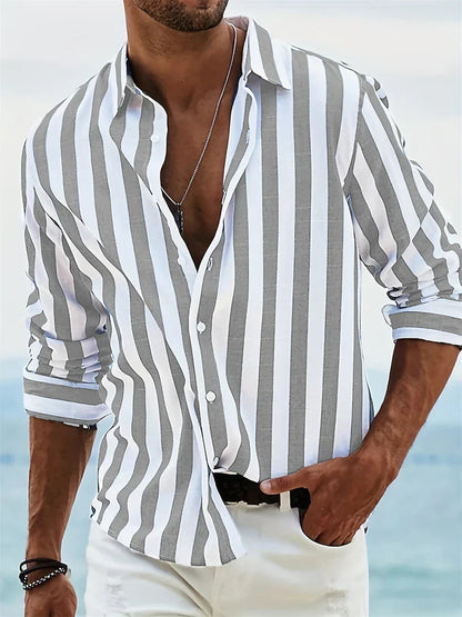 Homme Chemise Rayée à Manches Longues et Col Ouvert