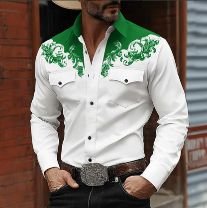 Homme Chemise Western Manches Longues avec Broderie et Poches Poitrine
