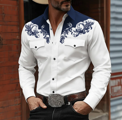Homme Chemise Western Manches Longues avec Broderie et Poches Poitrine