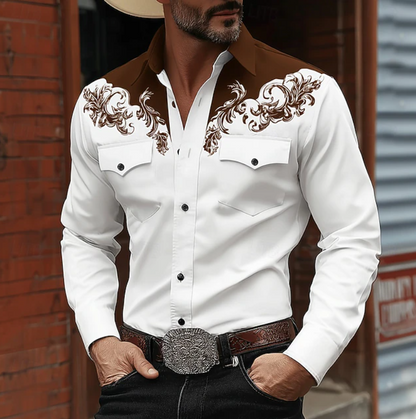Homme Chemise Western Manches Longues avec Broderie et Poches Poitrine