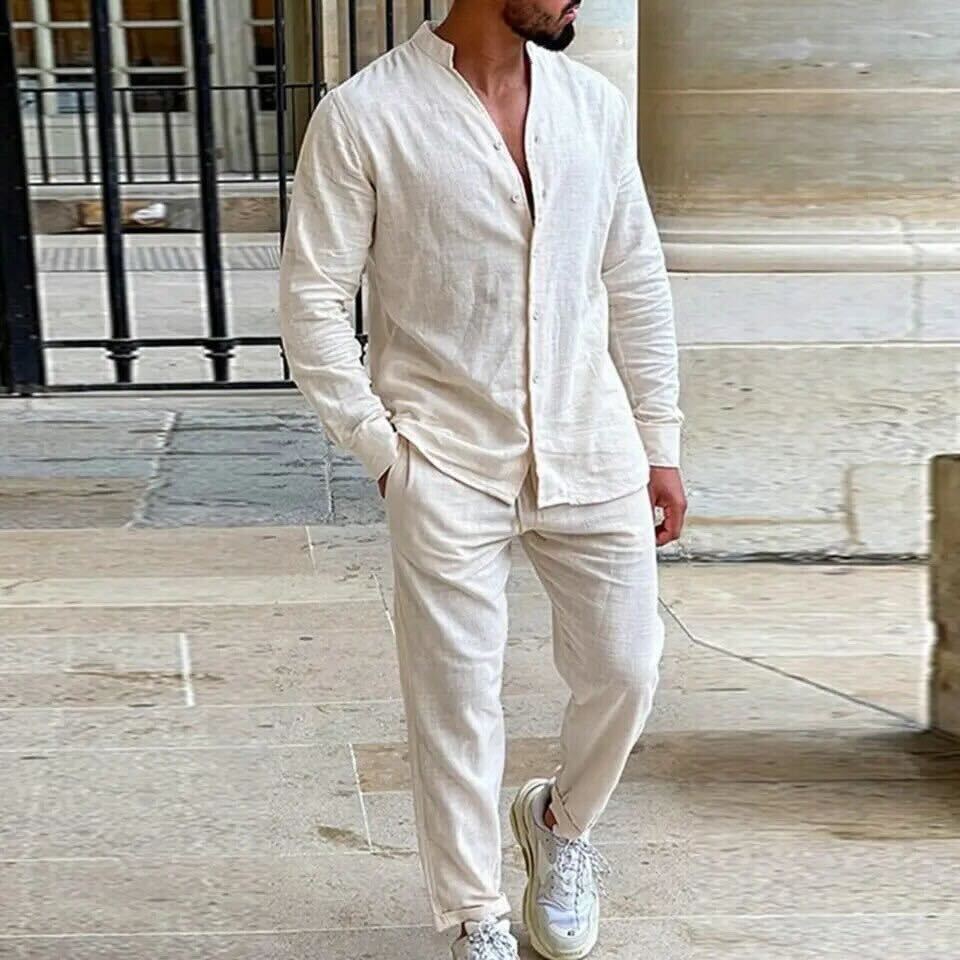 Homme Ensemble Chemise et Pantalon à Col Mao Manches Longues