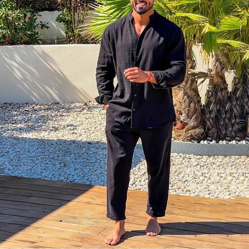 Homme Ensemble Chemise et Pantalon à Col Mao Manches Longues