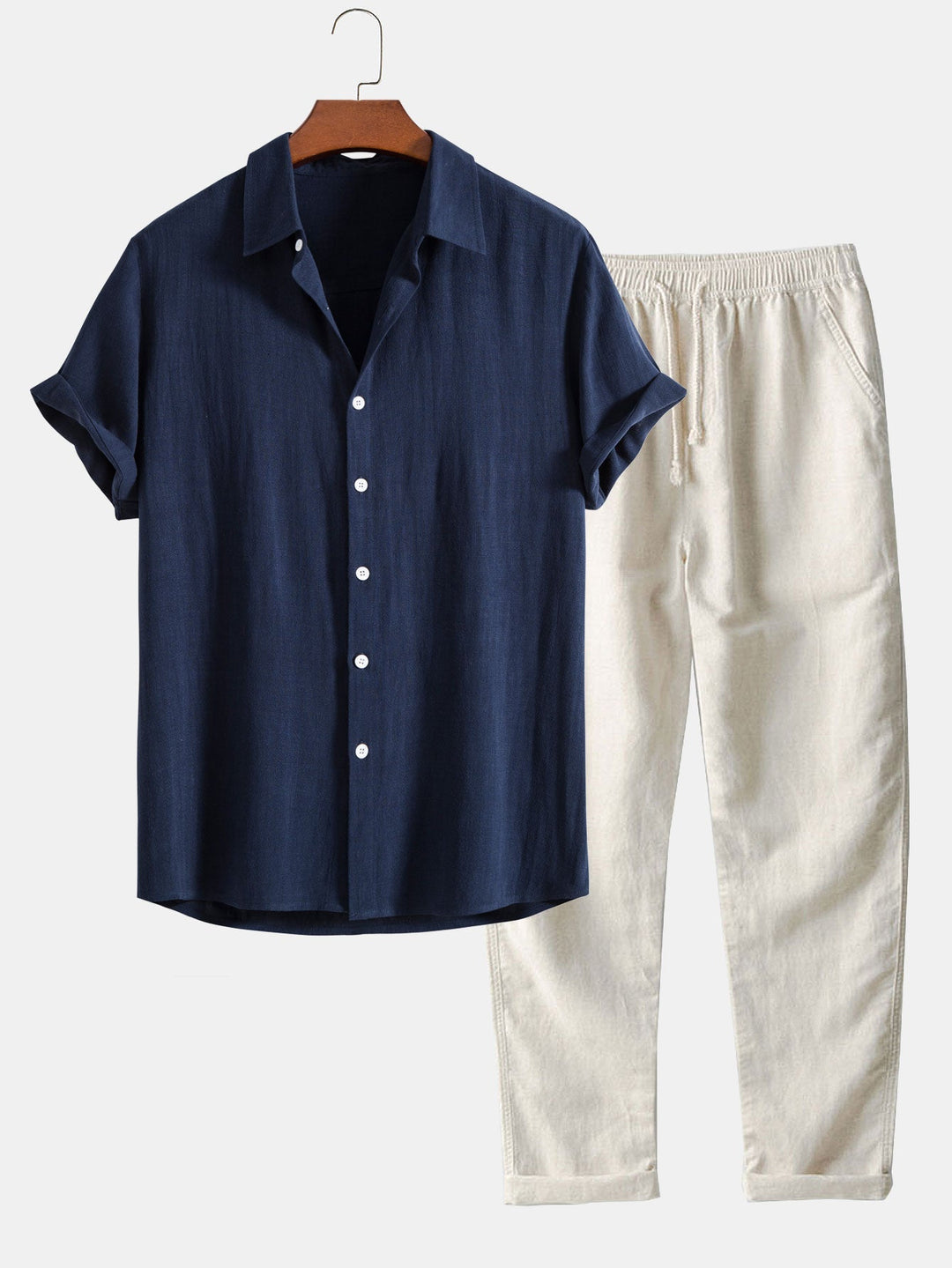 Homme Ensemble Chemise Manches Courtes col Mao et Pantalon Regular Fit